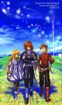  blonde_hair boots brown_hair buttons colette_brunel gloves kratos_aurion lloyd_irving redhead short_hair sword tales_of_symphonia 