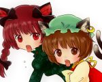  animal_ears braid brown_eyes brown_hair cat_ears cat_tail chen earrings fangs flat_chest hat jaw_drop jewelry kaenbyou_rin loli multiple_girls multiple_tails open_mouth red_eyes red_hair redhead ribbon surprised tail tona_(nekotte) touhou twin_braids 