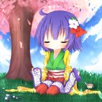  bad_id calligraphy_brush cherry_blossoms chibi closed_eyes grass hair_ornament hieda_no_akyuu ink japanese_clothes minamiya_mia outdoors paintbrush purple_hair scroll short_hair smile touhou tree 