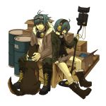  blue_hair boots box dioptrie dog goggles goggles_around_neck headphones minesweeper personification red_eyes short_hair shorts sitting 