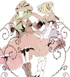  abara_heiki arm_warmers blonde_hair boots closed_eyes corset dress frills green_hair hair_ribbon kagiyama_hina long_hair mizuhashi_parsee multiple_girls profile ribbon scarf short_hair short_sleeves simple_background socks touhou 