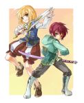  asbel_lhant blonde_hair brown_hair green_eyes grey_eyes katana male multiple_boys ready_to_draw richard_(tales_of_graces) rick_(artist) rick_(milklion) sword tales_of_(series) tales_of_graces weapon yellow_background young 