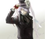  adjusting_hat debii flower formal frills gathers gradient gradient_background hair_over_one_eye hat highres lilies lily_(flower) male pandora_hearts red_eyes ruffles short_hair silver_hair solo top_hat xerxes_break 