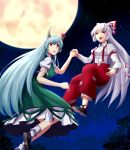  bobby_socks ex-keine flying fujiwara_no_mokou full_moon holding_hands horns kamishirasawa_keine looking_back moon night night_sky open_mouth red_eyes silver_hair sky smile socks star_(sky) starry_sky tears touhou tsuchifumazu 