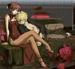  1boy 1girl adult artist_request blonde_hair blue_eyes breasts bun_cover chest china_dress chinese_clothes cleavage couch couple crossed_legs double_bun feet flower gintama hetero high_heels kagura_(gintama) legs red_eyes red_hair red_thighhighs redhead rose sakata_kintoki shoe_dangle shoes sitting thigh-highs thighhighs 
