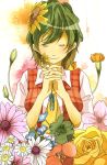  closed_eyes colored_eyelashes daisy eiru_(phantasm-114) flower flower_request green_hair hair_flower hair_ornament hands_clasped highres holding holding_flower kazami_yuuka plaid_vest rose short_hair smile touhou yellow_rose 