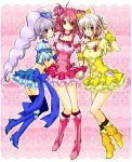 black_legwear blue_dress boots cheria_barnes chikaya_chiki choker cosplay cure_berry cure_berry_(cosplay) cure_peach cure_peach_(cosplay) cure_pine cure_pine_(cosplay) dress fresh_precure! fresh_pretty_cure! legs magical_girl multiple_girls pascal pink_background pink_dress precure pretty_cure sophie_(tales_of_graces) tales_of_(series) tales_of_graces thighhighs two_side_up v victory_pose yellow_dress 