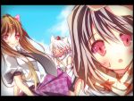  blush brown_hair double_spoiler himekaidou_hatate inubashiri_momiji nanamomo_rio nanamomorio pink_eyes shameimaru_aya touhou viewfinder white_hair 