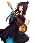  1girl akiyama_mio bass_guitar black_hair blue_eyes blue_legwear don&#039;t_say_&quot;lazy&quot; don&#039;t_say_lazy dress face_paint facepaint fingerless_gloves gloves guitar hat instrument k-on! long_hair mini_top_hat nishikawa_ari pantyhose solo striped top_hat 