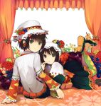  bad_id curtains earrings flower food food_as_clothes food_themed_clothes fruit green_eyes hat headdress highres jewelry legs_up looking_back multiple_girls nail_polish seiju_natsumegu short_hair siblings smile twins 