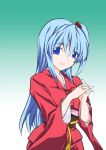  blue_eyes blue_hair fuantei hair_bobbles hair_ornament hands_clasped japanese_clothes kimono long_hair shinki touhou 