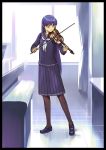  aerodog black_pantyhose blue_hair idolmaster instrument inu_(aerodog) kisaragi_chihaya long_hair pantyhose school_uniform serafuku violin 