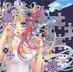  abstract absurdres bare_shoulders blonde_hair blue_eyes breasts cigarette cleavage fingernails flower highres lace long_fingernails nitou_akane pansy puzzle puzzle_piece smoke snowflakes solo wavy_hair 