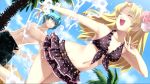  blonde_hair blue_eyes blue_hair closed_eyes cross_edge flower frills gust hirano_katsuyuki liliane_vehlendorf long_hair mana_khemia mana_khemia_2 navel palm_tree polka_dot polka_dot_bikini polka_dot_swimsuit rozeluxe_meitzen splash swimsuit tree 