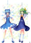  &gt;:) :d absurdres adapted_costume blue_eyes blue_hair bow bracelet cirno daiyousei green_hair hair_bow hair_ribbon hands_clasped hands_on_hips highres jewelry multiple_girls open_mouth ribbon sayori short_hair side_ponytail smile socks standing touhou translated wings 