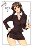  amagami black_hair blush breasts fesuta formal hand_on_hip head_tilt large_breasts leaning miniskirt morishima_haruka open_mouth orange_eyes pointer side_slit skirt skirt_suit solo suit teacher thighs translated translation_request 