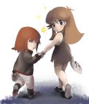  black_dress blue_(pokemon) blue_eyes brown_hair dress gloves hand_holding height_difference holding_hands long_hair looking_back mask pokemon pokemon_special red_hair silver_(pokemon) silver_eyes young 