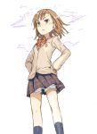  brown_eyes brown_hair electricity haimura_kiyotaka misaka_mikoto ribbon school_uniform short_hair shorts skirt socks solo to_aru_kagaku_no_railgun to_aru_majutsu_no_index 