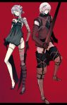 1girl bandage bandages boots chain couple dori elbow_gloves flower garters gloves high_heels highres kaine_(nier) keine lingerie negligee nier nier_(character) panties shoes sword thighhighs underwear weapon white_hair white_panties 