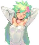  arms_behind_head arms_up bare_shoulders blush collarbone face flower green_hair hair_flower hair_ornament lips long_hair messy_hair personification pokemon s.o_chin shaymin sketch smile sotin stretch very_long_hair 