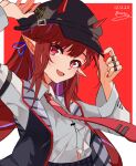  1girl arknights bangs black_headwear braid fang foxx_(rftx8228) hair_ornament hat highres horns jacket long_hair looking_at_viewer necktie open_mouth pointy_ears red_eyes redhead shirt solo very_long_hair vigna_(arknights) 