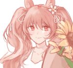  1girl angelina_(arknights) animal_ears arknights blush brown_hair flower fox_ears hair_flower hair_ornament hair_ribbon highres long_hair looking_at_viewer portrait red_eyes ribbon shirt simple_background smile solo sunflower twintails white_background white_flower white_ribbon white_shirt xilansama yellow_flower 