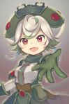  1girl absurdres breasts child fang gloves green_gloves green_hair green_headwear hat highres looking_at_viewer made_in_abyss medium_breasts multicolored_hair nyasunyadoora open_mouth prushka rainbow red_eyes short_hair skin_fang smile solo two-tone_hair white_hair 