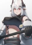  absurdres arknights hair_ornament highres infection_monitor_(arknights) looking_at_viewer mudrock_(arknights) no_panties oripathy_lesion_(arknights) pointy_ears red_eyes sports_bra tagme user_vcya7743 white_hair 