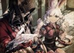  1boy 1girl animal_ears bandaged_hands bandages bandaid bandaid_on_leg chakram child crystal crystal_exarch final_fantasy final_fantasy_xiv food grey_eyes highres hood hood_up long_hair looking_at_another lyna_(ff14) mihira_(tainosugatayaki) rabbit_ears sandwich shorts sitting smile viera weapon white_hair younger 