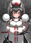  1girl absurdres animal_ears black_hair black_wings hat highres impossible_clothes karasu_tengu katana kourindou_tengu_costume pom_pom_(clothes) red_eyes red_sash regua sash shameimaru_aya sheath sheathed sword tokin_hat touhou weapon wings wolf_ears 