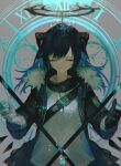  1girl absurdres arknights bangs black_jacket blue_hair closed_eyes commentary_request demon_horns fur_trim gloves hair_between_eyes halo highres horns jacket kenseeeeeeee long_hair long_sleeves mostima_(arknights) open_clothes shirt smile solo staff upper_body white_shirt 