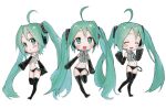  1girl absurdly_long_hair ahoge aqua_eyes aqua_hair aqua_neckwear black_footwear black_legwear black_panties black_sleeves boots closed_eyes collared_shirt detached_sleeves grey_shirt hands_up hatsune_miku highres korpokkur_kne long_hair multiple_views necktie open_mouth panties shirt simple_background smile standing thigh-highs thigh_boots underwear very_long_hair vocaloid white_background 