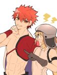  1boy 1girl artoria_pendragon_(all) artoria_pendragon_(caster)_(fate) bangs blonde_hair blush emiya_shirou fate/grand_order fate_(series) gloves green_eyes grey_gloves grey_headwear grin hat holding igote limited/zero_over orange_eyes orange_hair oshisyoo999o pointing rectangular_mouth sengo_muramasa_(fate) sharp_teeth simple_background smile sweatdrop teeth toned toned_male white_background wristband 