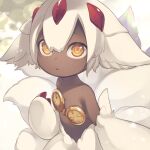  1girl absurdres animal_ears bangs bare_shoulders claws dark-skinned_female dark_skin faputa flat_chest hair_between_eyes hand_up highres made_in_abyss monster_girl nyasunyadoora parted_lips paws short_hair solo upper_body white_fur white_hair yellow_eyes 