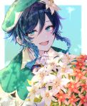  1boy androgynous bangs beret black_hair blue_hair bouquet bow braid cape collared_cape collared_shirt commentary_request dandelion english_text eyebrows_visible_through_hair flower genshin_impact gradient_hair green_background green_eyes green_headwear hair_flower hair_ornament happy_birthday hat highres holding holding_bouquet leaf looking_at_viewer male_focus multicolored_hair open_mouth red_flower rikka_44 shirt short_hair_with_long_locks simple_background smile solo twin_braids venti_(genshin_impact) white_flower white_shirt 