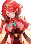  1girl absurdres bangs black_gloves blush breasts chest_jewel earrings embarrassed fingerless_gloves gem gloves headpiece highres jewelry large_breasts pyra_(xenoblade) red_eyes redhead short_hair simple_background solo swept_bangs tiara user_pynd7354 xenoblade_chronicles_(series) xenoblade_chronicles_2 