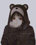  1girl animal_ears animal_hood aoi_ogata artist_name bangs bear_ears bear_hood black_hair black_jacket brown_eyes clip_studio_paint_(medium) closed_mouth commentary commission english_commentary fake_animal_ears grey_background hair_ornament highres hood hood_up hooded_jacket iwakura_lain jacket long_sleeves looking_at_viewer red_lips serial_experiments_lain simple_background sleeves_past_wrists solo upper_body x_hair_ornament 