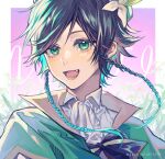  1boy androgynous bangs beret black_hair blue_hair blush bow braid cape collared_cape collared_shirt commentary_request flower genshin_impact gradient_hair green_eyes green_headwear hair_flower hair_ornament hat highres leaf looking_at_viewer male_focus multicolored_hair omega_(1223440887) open_mouth shirt short_hair_with_long_locks simple_background smile solo symbol_commentary twin_braids twitter_username venti_(genshin_impact) white_flower white_shirt 