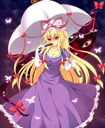  1girl bangs blonde_hair bow breasts bug butterfly clouds cloudy_sky dress eyebrows_visible_through_hair fan gap_(touhou) gloves hair_between_eyes hair_bow hands_up hat holding holding_fan holding_umbrella insect long_hair looking_at_viewer medium_breasts puffy_short_sleeves puffy_sleeves purple_dress purple_sky purple_sleeves purple_theme red_bow red_eyes short_sleeves sky smile solo teeth touhou umbrella uumenn white_gloves white_headwear yakumo_yukari 