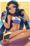  1girl armlet belly_chain bike_shorts black_hair blue_eyes blue_eyeshadow blue_hair breasts closed_mouth commentary dark-skinned_female dark_skin dynamax_band earrings eyeshadow gloves gym_leader hands_up highres holding holding_poke_ball hoop_earrings jewelry long_hair looking_at_viewer makeup multicolored_hair navel necklace nessa_(pokemon) nuneno partially_fingerless_gloves poke_ball poke_ball_(basic) pokemon pokemon_(game) pokemon_swsh sandals shiny shiny_skin sidelocks single_glove solo two-tone_hair white_footwear 