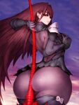  armor ass between_buttocks bodysuit breasts clouds cloudy_sky commission fate/grand_order fate_(series) fumio_(rsqkr) gae_bolg_(fate) highres large_breasts leotard long_hair looking_back outdoors pauldrons polearm purple_bodysuit purple_hair purple_leotard red_eyes scathach_(fate) scathach_(fate)_(all) shoulder_armor sky spear very_long_hair weapon 