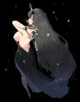  1girl adjusting_hair alchemy_stars back backboob bare_back black_dress black_hair black_legwear black_nails breasts brown_eyes closed_mouth crescent crescent_earrings dress earrings high_heels highres horns jewelry large_breasts leggings long_dress long_hair looking_at_viewer looking_back sariel_(alchemy_stars) simple_background solo thigh_strap very_long_hair vv68615349 