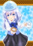  1girl asukamama89 bangs blue_eyes blue_vest collared_shirt crossover eyebrows_visible_through_hair gochuumon_wa_usagi_desu_ka? grey_skirt hair_between_eyes hair_ornament highres holding kafuu_chino long_hair long_sleeves medium_skirt open_mouth rabbit_house_uniform rimuru_tempest shiny shiny_hair shirt silver_hair skirt teapot tensei_shitara_slime_datta_ken vest white_shirt wing_collar x_hair_ornament 