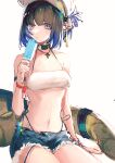  1girl absurdres arknights arm_strap bangs black_choker black_hair blue_eyes blue_hair blue_pants bracelet camisole chinese_commentary choker crocodilian_tail earrings eunectes_(arknights) eunectes_(forgemaster)_(arknights) eyebrows_visible_through_hair eyes_visible_through_hair flower food hair_flower hair_ornament highres holding holding_food ice_cream jewelry lishayakou looking_at_viewer multicolored_hair pants pointy_ears popsicle shorts simple_background sitting solo stomach tail white_background white_headwear 