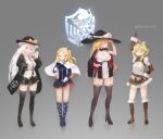  4girls alternate_hairstyle azur_lane azusa_(cookie) bangs black_cape black_dress black_jacket black_legwear black_skirt blonde_hair blue_gloves blue_shirt blush boots bow braid breasts brown_eyes brown_footwear brown_gloves brown_sleeves cape cleveland_(azur_lane) cleveland_(azur_lane)_(cosplay) commentary_request cookie_(touhou) cosplay detached_sleeves dress enterprise_(azur_lane) enterprise_(azur_lane)_(cosplay) fairyfloss full_body fur-trimmed_boots fur-trimmed_skirt fur-trimmed_sleeves fur_trim garter_straps gloves green_eyes grey_background hair_bow hat hat_bow highres honolulu_(azur_lane) honolulu_(azur_lane)_(cosplay) jacket kirisame_marisa large_breasts long_hair looking_at_viewer mars_(cookie) medium_breasts medium_hair multiple_girls oklahoma_(azur_lane) oklahoma_(azur_lane)_(cosplay) open_mouth pointing pointing_up red-framed_eyewear red_cape red_eyes red_star rei_(cookie) semi-rimless_eyewear shirt short_dress side_braid side_ponytail simple_background single_braid skirt small_breasts standing star_(symbol) thigh-highs touhou twitter_username two-sided_cape two-sided_fabric under-rim_eyewear uzuki_(cookie) white_bow white_cape white_shirt witch_hat yellow_bow 
