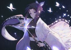  1girl absurdres black_background black_hair black_jacket blue_eyes bug butterfly butterfly_hair_ornament floating_hair gradient_hair hair_ornament haori highres holding holding_sheath holding_sword holding_weapon huge_filesize insect jacket japanese_clothes kimetsu_no_yaiba kochou_shinobu multicolored_hair purple_hair sheath short_hair_with_long_locks solo sword unsheathing weapon youranmegan 