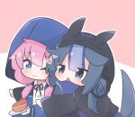  2girls arknights blue_eyes blue_hair blue_poison_(arknights) blush bolo_tie cake chibi food glaucus_(arknights) heart hood hood_up hooded_jacket hug hug_from_behind jacket kurotofu long_sleeves low_twintails multicolored_hair multiple_girls one_eye_closed pink_hair plate streaked_hair tail triangle_mouth twintails 