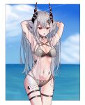  1girl arknights artist_request bikini hair_ornament highres holding holding_hair horns looking_at_viewer mudrock_(arknights) oripathy_lesion_(arknights) pointy_ears red_eyes swimsuit tagme white_hair 