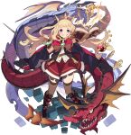  1girl arm_up artist_request bangle bangs belt black_eyes black_footwear blonde_hair blunt_bangs blush book boots bow bowtie bracelet brooch brown_legwear brown_vest cagliostro_(granblue_fantasy) cape clenched_hand colored_sclera cube dragon electricity flat_chest frilled_skirt frills full_body gem granblue_fantasy grin hand_up happy highres holding holding_book impaled jewelry knee_boots long_hair looking_at_viewer miniskirt nail non-web_source official_art open_book open_mouth ouroboros_(granblue_fantasy) outstretched_arm raised_eyebrow red_cape red_neckwear red_skirt sharp_teeth shiny shiny_hair shirt sidelocks skirt sleeveless sleeveless_shirt smile solo_focus standing star_(symbol) straight-on teeth thigh-highs tiara transparent_background two-sided_cape two-sided_fabric vambraces vest violet_eyes white_shirt world_flipper yellow_headwear yellow_sclera zettai_ryouiki 