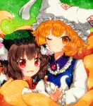  2girls animal_ears bangs blonde_hair blue_vest bow breasts brown_eyes brown_hair buttons cat_ears cat_tail chen closed_mouth dress duplicate eyebrows_visible_through_hair fox_ears fox_tail green_background green_headwear hair_between_eyes hand_up hat long_sleeves looking_at_viewer medium_breasts multicolored multicolored_eyes multiple_girls one_eye_closed open_mouth pixel-perfect_duplicate qqqrinkappp red_dress red_eyes shikishi short_hair smile tail touhou traditional_media vest white_bow white_dress white_headwear white_sleeves yakumo_ran yellow_eyes 